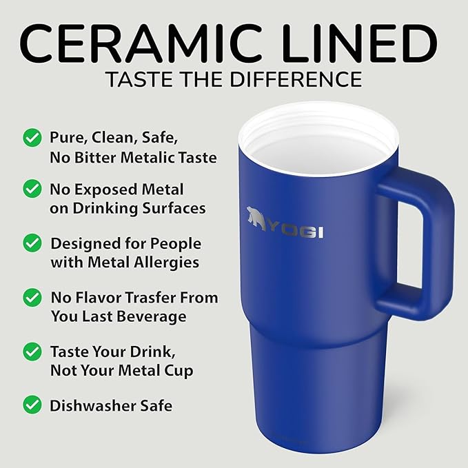 YOGI Ceramic Lined Metal Allergy Safe 24oz Tumbler with Handle and Straw Leakproof Flip & Sip Lid Vacuum Insulated Stainless Steel Travel Cup for Iced Coffee Water and All-Day Hydration 24oz Indigo