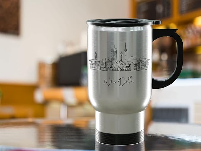 New Delhi Skyline Steel Mug, Asia Skyline 14oz Travel Mug with Handle & Lid Custom Travel Tumblers, Gift For Birthday, Spill Resistant Tumblers for Women, Personalized Tumbler