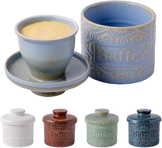 TEATALK Ceramic French Butter Crock - Vintage Relief Pattern Butter Keeper with Water Seal, 6.7oz Sky Blue Butter Dish for Fresh Spreadable Butter, Farmhouse Kitchen Decor & Gift