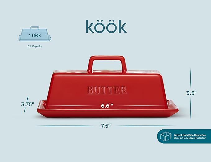 Butter Dish with Lid for Countertop, by Kook, Ceramic Dish Tray with Cover, Kitchen Keeper, Container, Holder (Red)