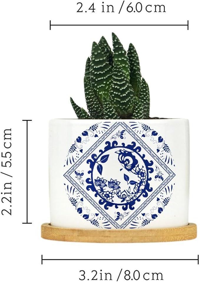 Chinese Style Blue And White Porcelain Print Ceramic Pots for Plants with Drainage Holes Round Flower Pot Bamboo Tray Orchid Pot Succulents Pots for Outdoor Indoor Plants,Housewarming Gifts