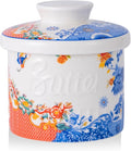 TEATALK French Butter Keeper - Vintage Boho Ceramic Butter Crock for Counter, Colorful Floral Porcelain Butter Dish with Lid, Stay Soft Spreadable Butter Container, 6.7 oz Aesthetic Kitchen Decor