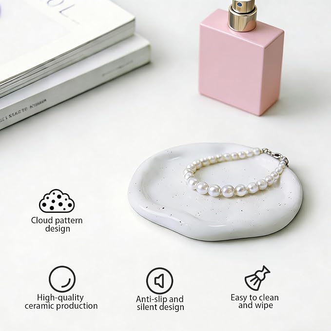 CHENACC Ceramic Jewelry Tray, White Round Cloud-Shaped Vanity Decorative Dish-Stylish Room Aesthetic Accessory, Catchall for Jewelry Watches Keys Round Plate Holder