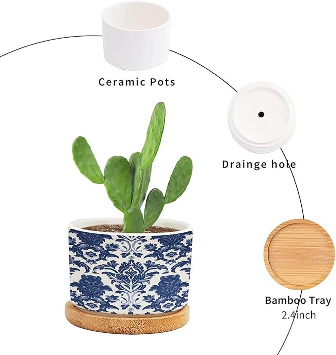 Blue Regalia Lion Planter Ceramic Chinoiserie Geometric Print Round Plant Pot with Drainage Holes and Bamboo Tray Pot for Indoor Outdoor Garden