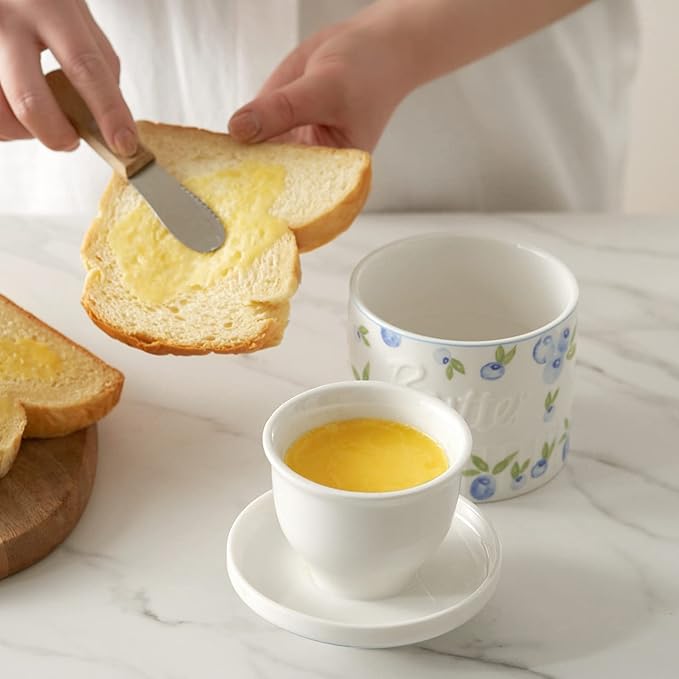 Toptier Butter Crock for Counter With Water Line, On Demand Spreadable Butter, Ceramic Butter Keeper to Leave On Counter, French Butter Dish with Lid (Yummy Blueberry)
