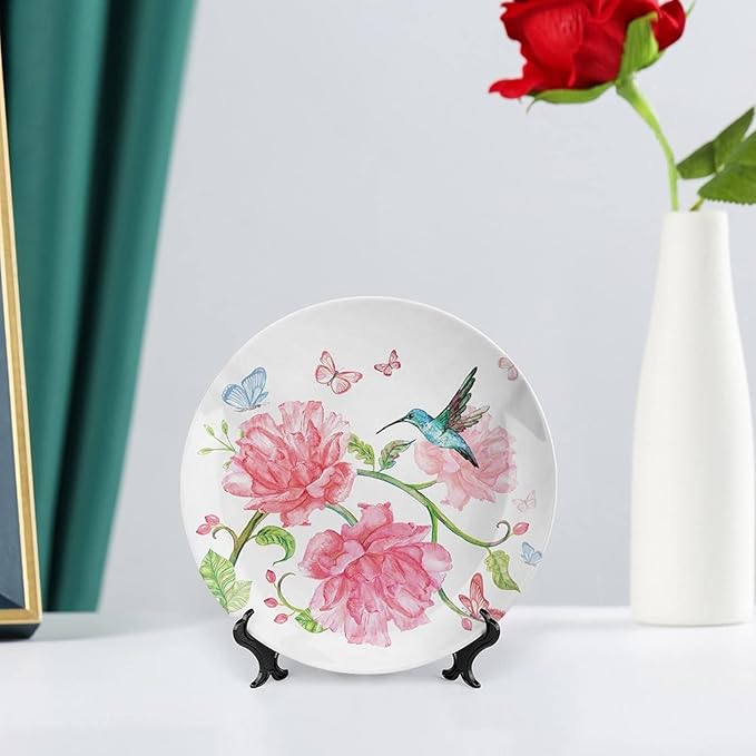 8 Inch Decorative Plate, Hummingbird Dinner Plate, Vintage Watercolor Butterflies Birds and Flourishing Branch Print Ceramic Wall Hanging for Fine Dining For Upscale Events, Dinner Parties, Weddings