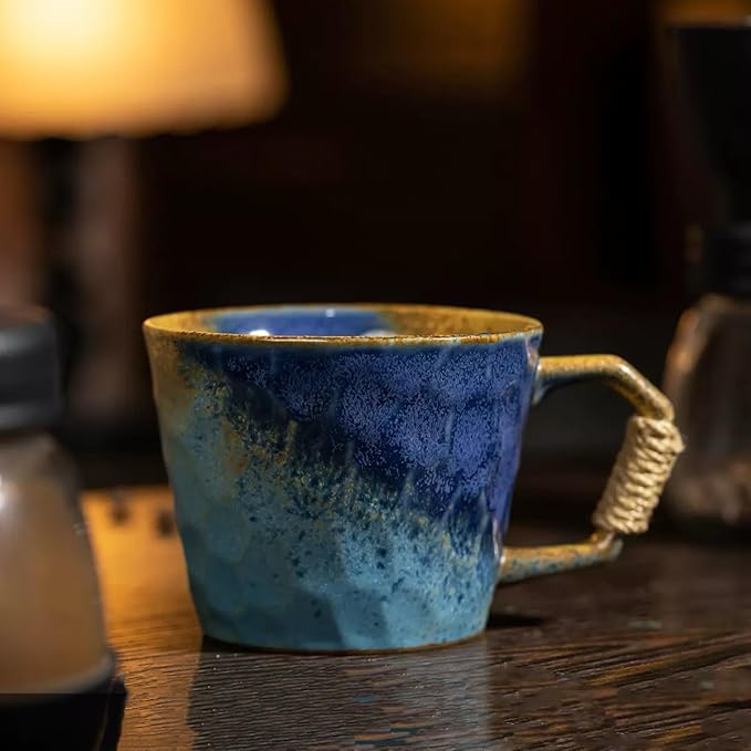 10oz Retro Vintage Japanese Style Handmade Ceramic Tea Cup with Handle, Lead-Free Reactive Glaze Artisanal Coffee Mug, Comfortable handle Handmade Pottery Tea Mug for office and home,Blue