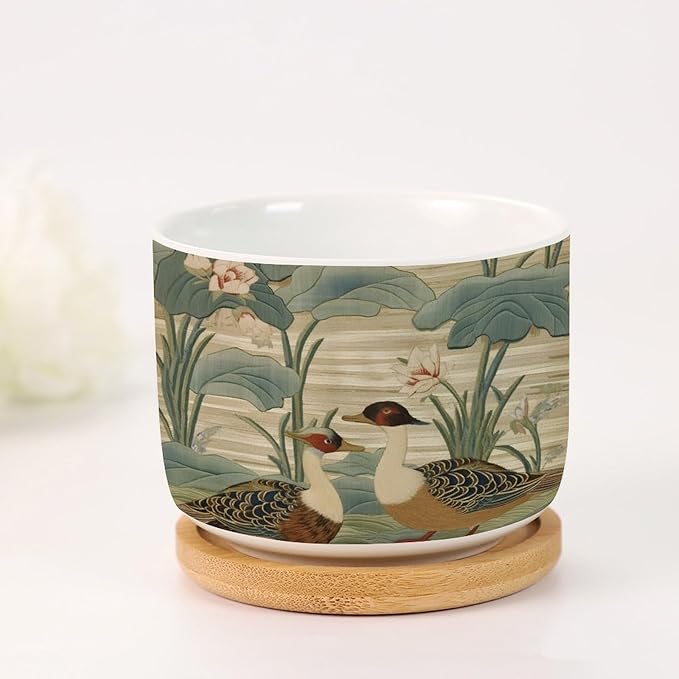 and Duck Garden Small Ceramics Pots for Plants Set of 5 Green Water Lily Chinoiserie Flower Ceramics Plant Pot with Drainage Bamboo Trays Chinoiserie Chic Planter for Succulents