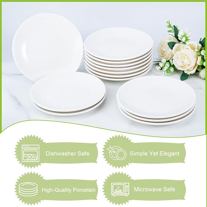 Ceramic Dessert Plates Set of 16, 6 Inch White Appetizer Plates, Round Small Plate for Cake Snacks, Porcelain Serving Plate for Appetizers, Microwave Oven and Dishwasher Safe (16 Pcs)