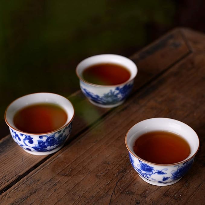 Chinese Handmade Kungfu Tea Cup 60 ml,Bone China Blue and White Tea Cups Set of 3,Ceramic Tea Mugs Without Handles,Best Gift