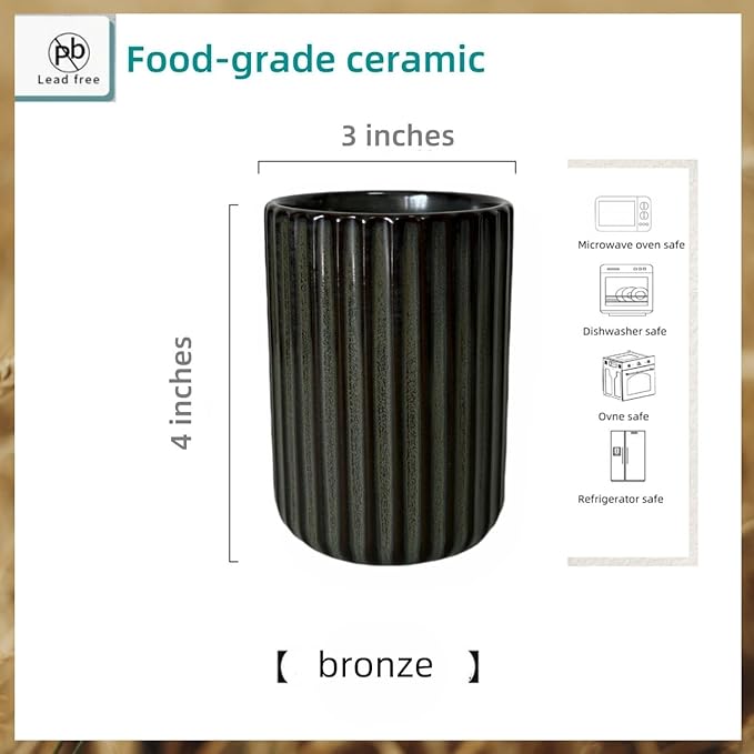 Stoneware Coffee Bar Utensil Holder Tea & Coffee Spoon & Stirrer Holder for Stir Stick Straw Teaspoon Holder Spoon Cup Small Utensil Jar Fluted Vertical Stripe (Bronze)