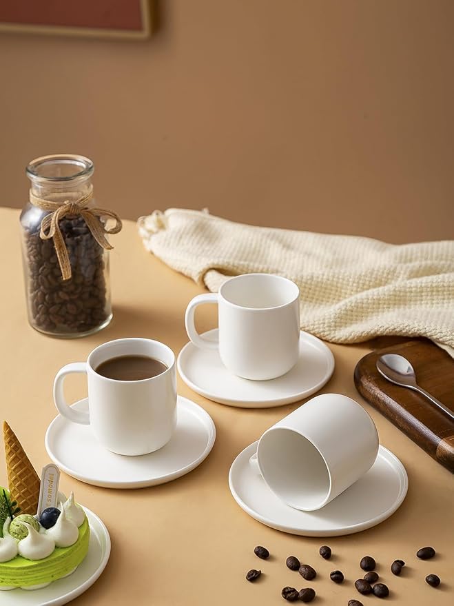 Set of 4 Espresso Cups And Saucers In Stronger Porcelain 3.5oz,Mini Coffee Mugs Demitasse Cups
