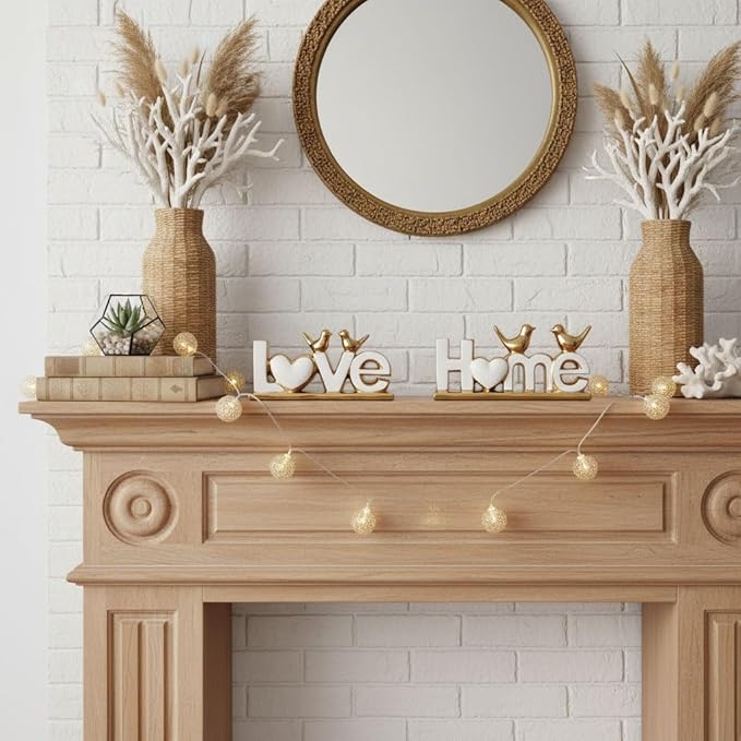 Ceramic Love & Home Sign Decor with Bird Statues Set 2,10" Modern White Gold Tabletop Sculptures for TV Stand,Floating Shelf & Entryway,Romantic Wedding & Warm Housewarming Gift Set (White)