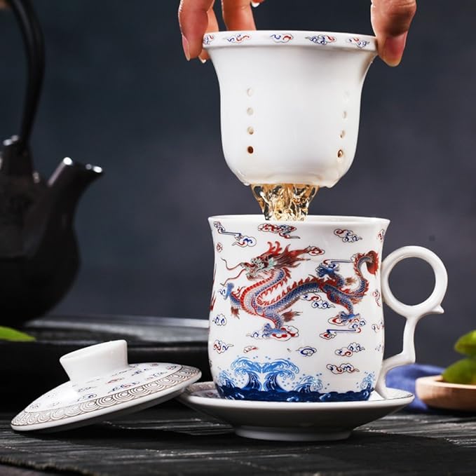 PLESIU Tea Talent Porcelain Tea Cup with Infuser Lid and Saucer Sets - Chinese Jingdezhen Ceramics Coffee Mug Teacup Loose Leaf Tea Brewing System for Home Office