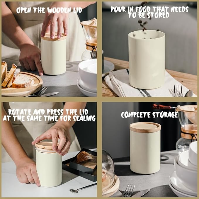 Sweejar Kitchen Canisters Ceramic Food Storage Jar, Stackable Containers with Airtight Seal Wooden Lid for Serving Ground Coffee, Tea, Sugar, Salt and More - 28 Fl Oz (Beige)