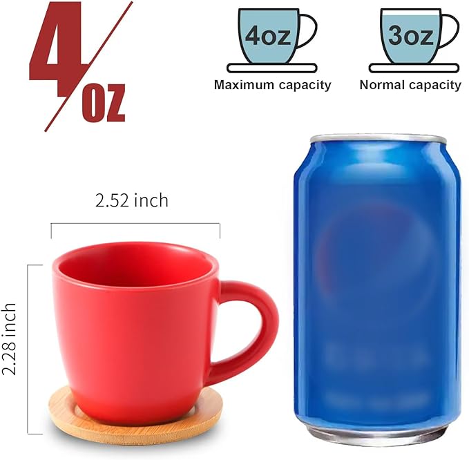 HASENSE Espresso Cups and Saucers Set of 6, 3.5 OZ Demitasse Cups with Handle for Drinks, Latte, Cappuccino, Cafe Mocha and Tea, Porcelain Coffee Cups for Coffee Bar Home and Party, Red