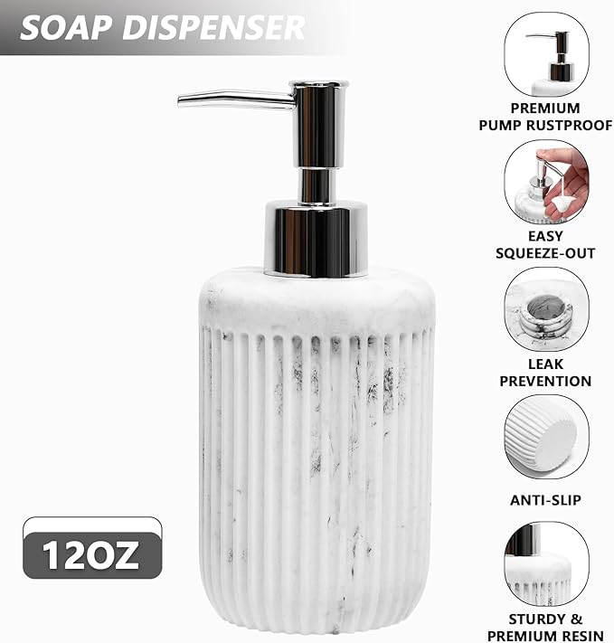 Resin White Marble Bathroom Accessories Set 5 Pcs, Lotion Soap Dispenser, Toothbrush Holder, Bathroom Tumbler, Qtip Holder and Vanity Tray, Bathroom Countertop Organizer Set for Home Apartment