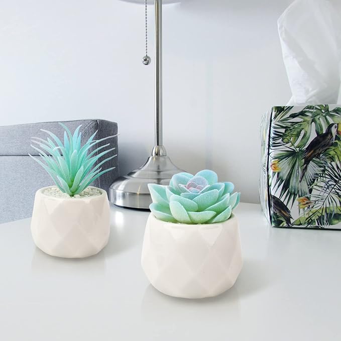 VIVERIE Mini Blue Artificial Succulent in Pots (White Ceramic, 4 Pot Set) Fake Plants for Indoors, Office Decor Blue Gift for Women, Office Home Decor Gifts, Faux Plant for Shelf/Desk/Bathroom Decor