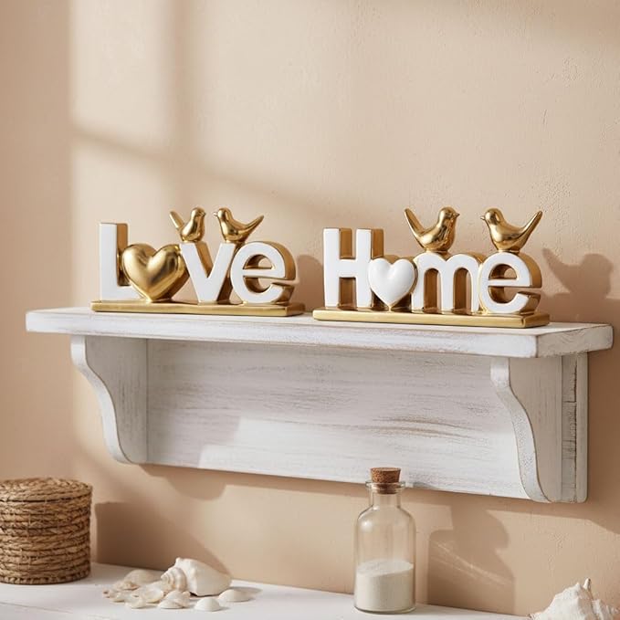 Ceramic Love & Home Sign Decor with Bird Statues Set 2,10" Modern White Gold Tabletop Sculptures for TV Stand,Floating Shelf & Entryway,Romantic Wedding & Warm Housewarming Gift Set (White)