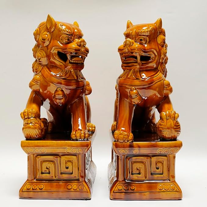 Sancai Ceramic Foo Dogs, Pair of Tang Dynasty Feng Shui Guardian Lions, Handcrafted Statues for Home and Office Decor,Yellow,9.84 * 15.35in