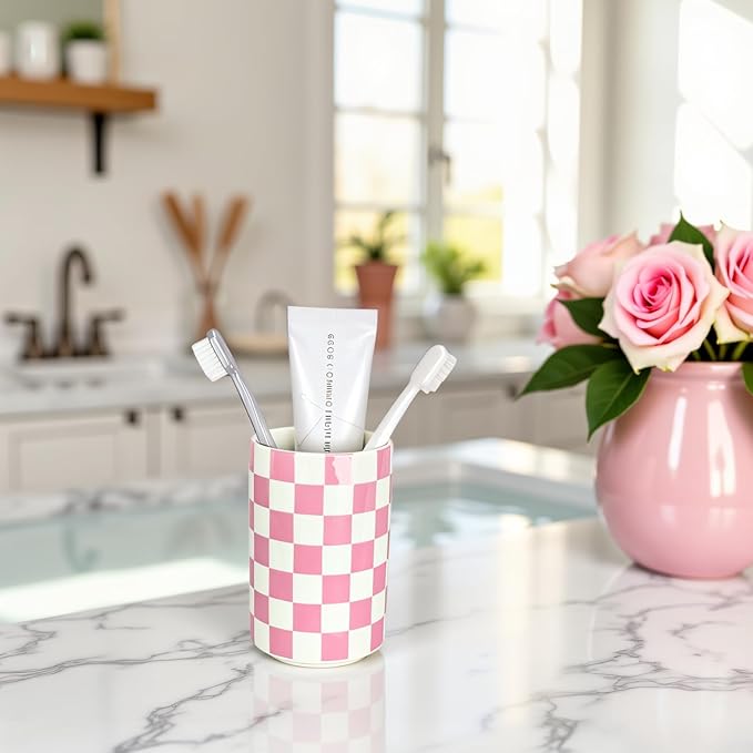 Ceramic Toothbrush Holder, Pink Toothbrush Holders for Bathrooms, Modern Cute Girly Tooth Brush Tumbler, Toothbrushes Toothpaste Cup for Bath Countertop Storage, Girls Bathroom Decor