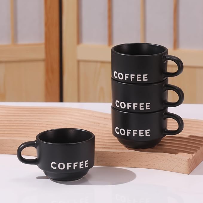 ASTRUE Espresso Cups Set of 4, 4 oz Matte Black Ceramic Demitasse Cups with Large Handles, Pro-Grade Porcelain Coffee Mugs, Dishwasher & Microwave Safe for Home, Office, Cafe