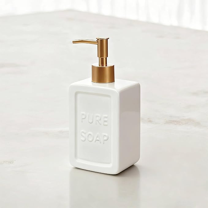 Ceramic Retro Soap Dispenser with Gold Pump, 15oz Capacity, Premium Ceramic Design for Bathroom or Kitchen (White)