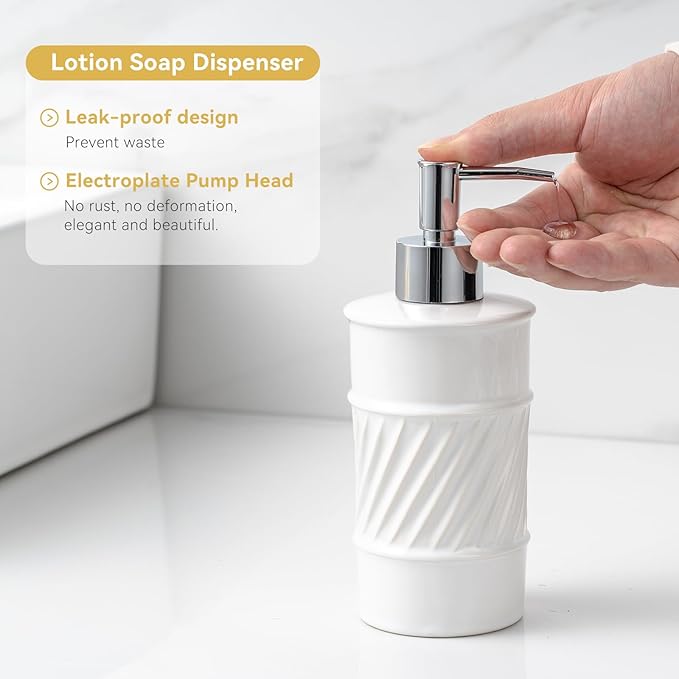 3-Piece Ceramic Bathroom Accessories Set - Soap Dispenser, Toothbrush Holder & Soap Dish with Modern Wave Embossed Design for Bathroom Accessory Set (White)