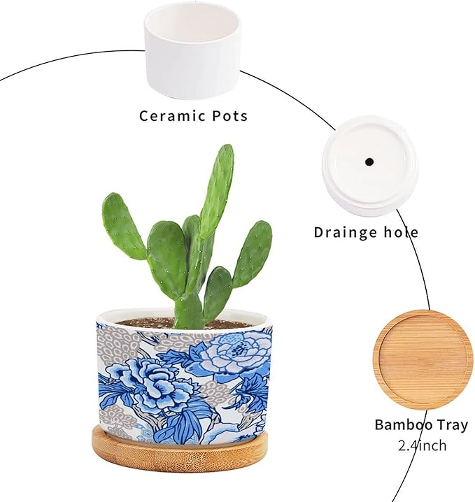 DreamAutumn Blue and White Chinoiserie Floral Planter Ceramic Round Plant Pots with Drainage Holes and Bamboo Tray Planting Small Flower Pots for Home Windowsill Desk Garden Indoor Outdoor Use