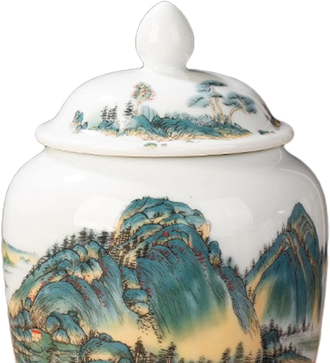 Fenteer Ceramic Ginger Jar Vase Multi Purpose Decorative with Lid Porcelain Jars Asian Ginger Jar for Home Decor Countertop Home Floral Arrangement, Landscape