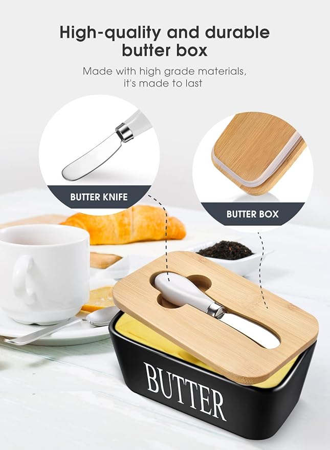 Butter Dish with Lid: Large Butter Dish for Countertop - Ceramic Butter Keeper Container with Knife and High Quality - Silicone Sealing Butter Box for Home Decor Good Kitchen Gift Black