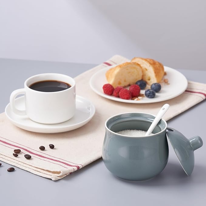 Ceramic Sugar Bowl with Lid and Spoon, Gray Porcelain Sugar Salt Pepper Storage Jar, 12 Ounces