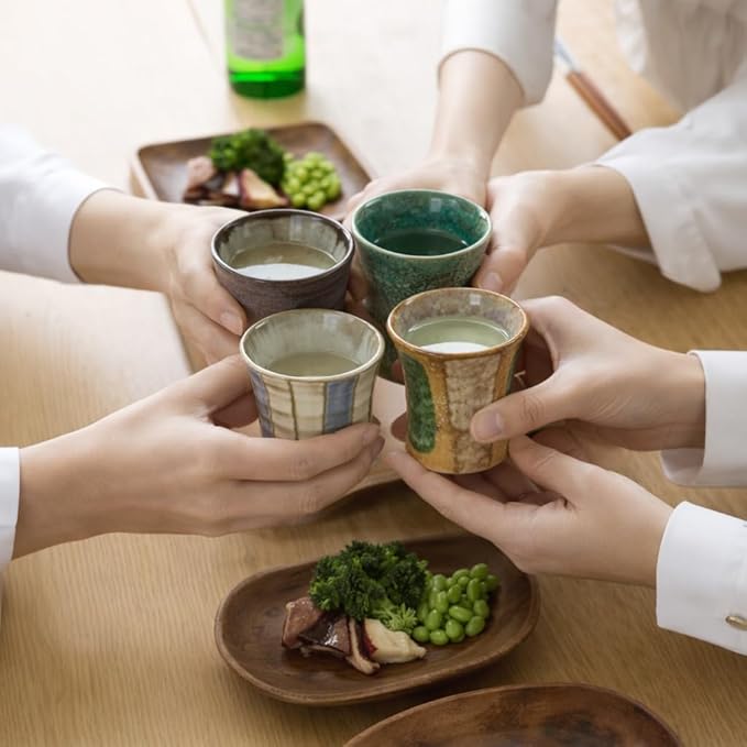 Japanese Sake Cup Set, Mino Ware Guinomi Ceramic Cups with Wooden Box, Traditional Pottery for Sake Tea, Handmade in Japan (Seian-gama Sake Set (5cups), Cup Size (4.9 fl oz - 145 ml))