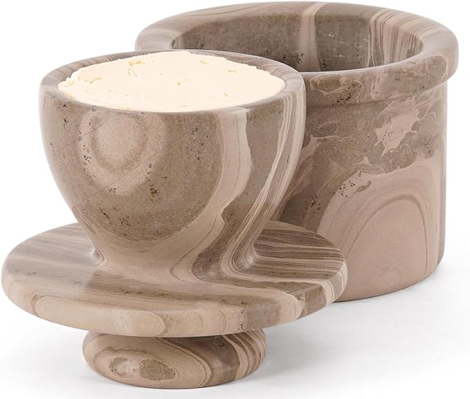 Radicaln Marble Butter Keeper 4.25'' Inches Natural Brown Handmade French Butter Holder For Kitchen Counter Decor Ideal Butter Crock For Counter With Water & Butter Crock For Kitchen