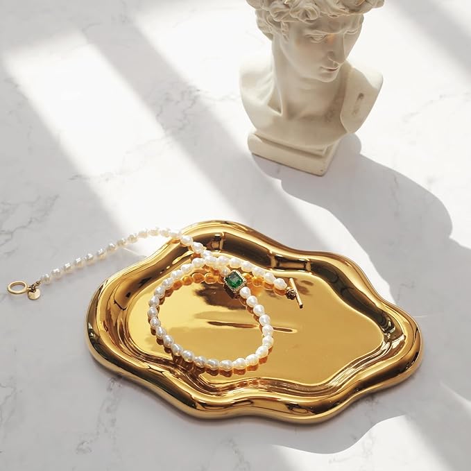 Jewelry Dish Trinket Tray for Women, Ring Dish Holder, Unique Cloud Shape Ceramic Plate Cute Things Vanity Aesthetic Room Decor Mother's Day Birthday (Gold)