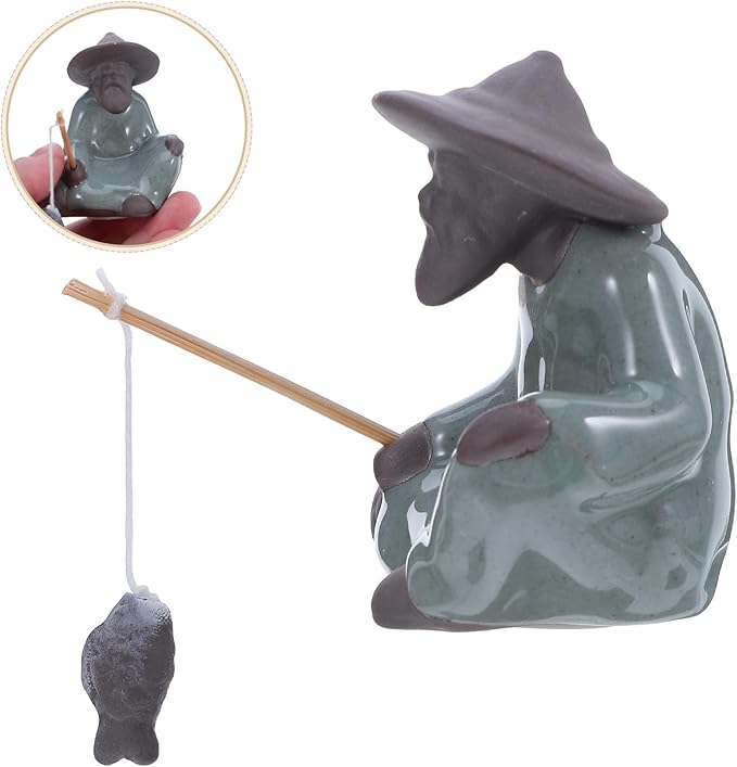 LIFKOME Porcelain Fisherman Figurine Old Chinese Fisherman Statue Micro Bonsai Sculpture Ceramic Miniature Garden Decor for Zen Bonsai Displays and Fish Tank Accents
