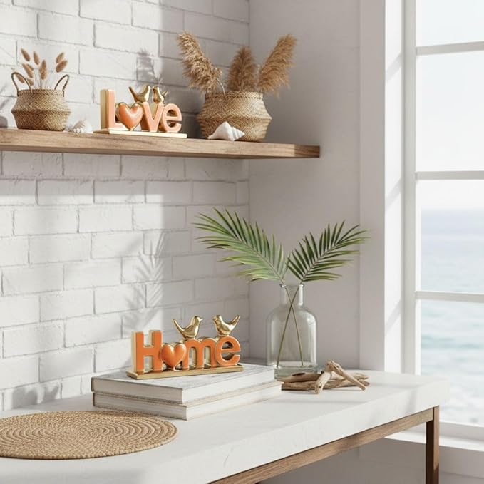 Ceramic LOVE & HOME Sign Decor with Bird Statues Set 2,10" Modern Orange Gold Tabletop Sculptures for TV Stand,Floating Shelf & Entryway,Romantic Wedding & Warm Housewarming Gift Set (Orange)