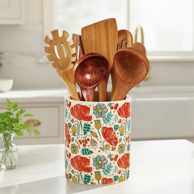 Kitchen Utensil Holder, 6.3 Inch Red Floral Ceramic Cooking Utensil Holder Modern Utensil Crocks for Kitchen Counter-Farmhouse, Housewarming Gift, Decor and Accessories (Flower-01, 6.3 Inch)