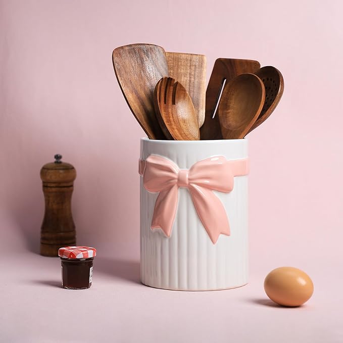 SOCOSY White Ceramic with Pink Bow-knot Kitchen Utensil Holder For Countertop, Large Cooking Utensil Crock Holder Spatula Holder