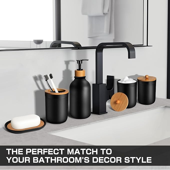 Black Bathroom Accessories Set 5 Pcs, Matte Black Bathroom Accessories, Plastic Soap Dispenser and Toothbrush Holder Set, Soap Dish, Cotton Swab Jar, Black Bathroom Set, Boho Bathroom Decor