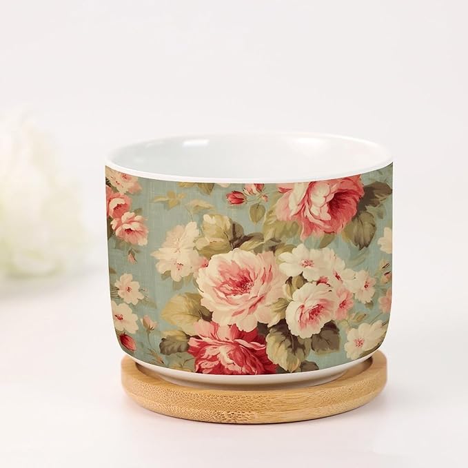 Set of 5 Cottage Chic Antique Pink Flower Small Succulents Pots Pink Cabbage Roses Romantic Ceramics Plant Pot with Drainage Bamboo Trays Oriental Chinoiserie Ceramics Round Planter