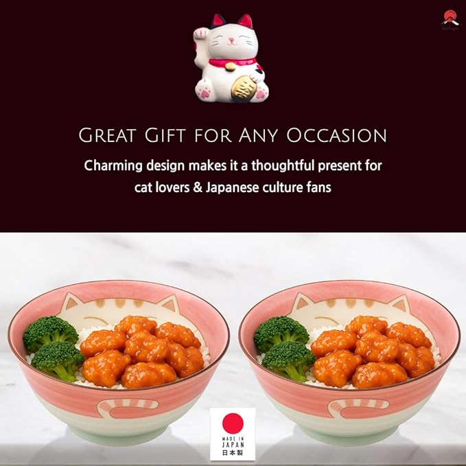 JapanBargain, Set of 4 Japanese Porcelain Bowls Serving Soup Rice Noodle Udon and Salad, Maneki Neko Smiling Cat Pattern, 18 fl.oz, 6-inch, Pink Color, Made in Japan