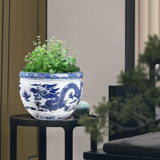 Ceramic Flower Pots Chinese Blue And White Porcelain Asian Double Dragon Fire Pearl Fish Bowl Succulent Plant Pots Succulent Planter Indoor Decoration Cylinder Planter Bonsai Pots-18.5x13.5cm