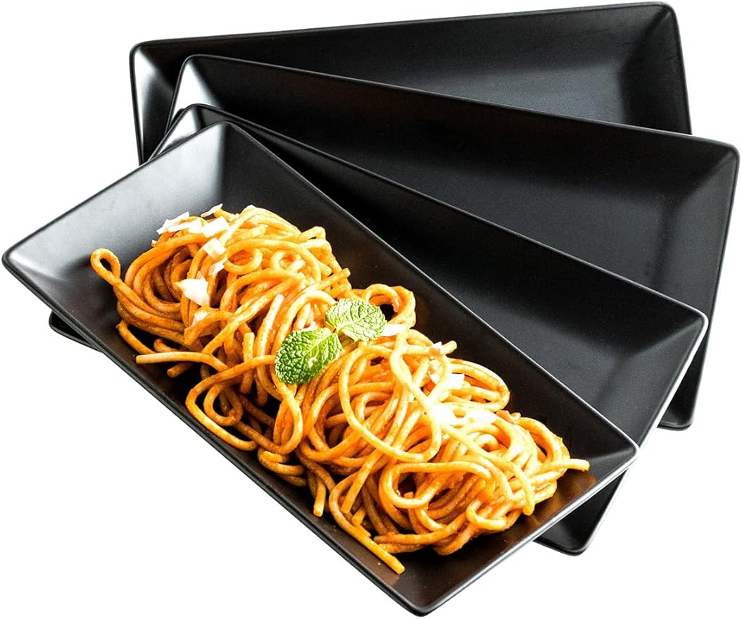 LAUCHUH Serving Platters, 10” Porcelain Serving Tray Sushi Plates Rectangular Platters for Christmas, Thanksgiving, Sushi, Dessert Cake, Appetizers, Meat, Set of 4, Black
