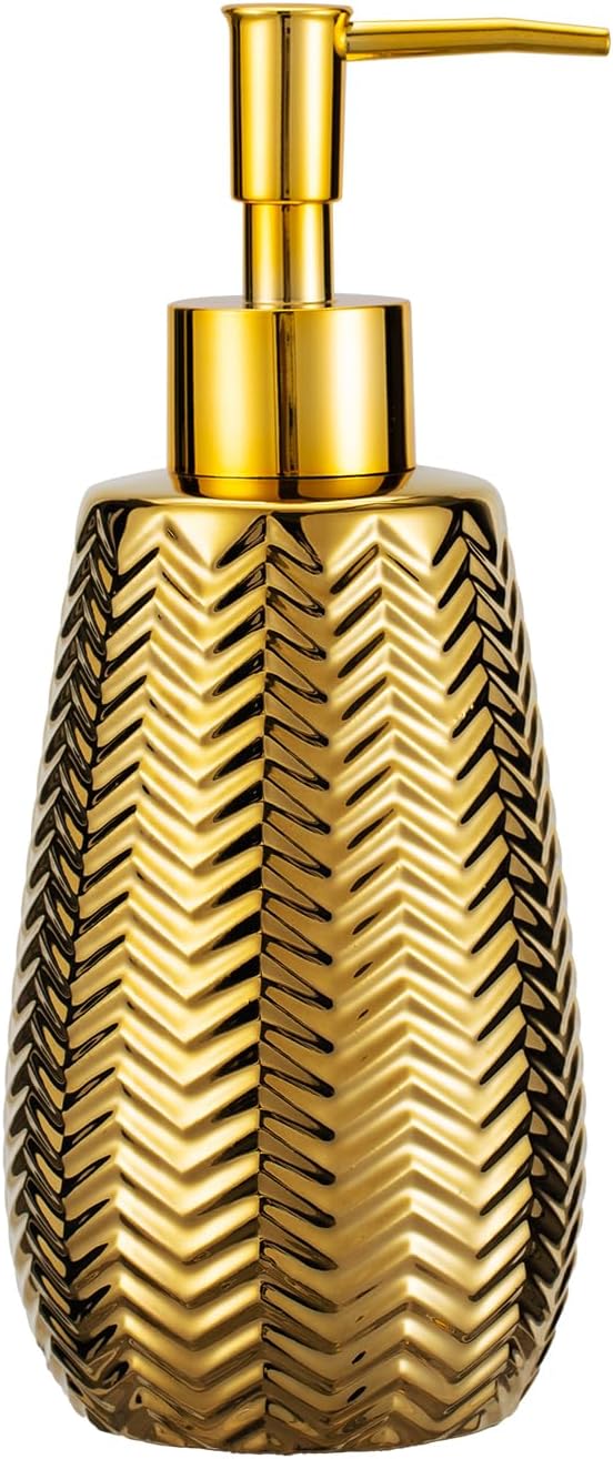 Gold Soap Dispenser,Wavy Design Ceramic Lotion Soap Dispenser for Bathroom, Kitchen, Hand Soap, Dish Soap, Bathroom Countertop