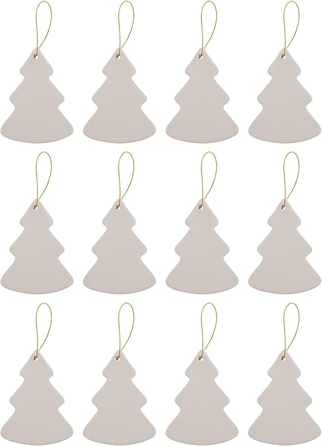 Creative Hobbies Ready to Paint DIY Ceramic Bisque Tree Shape Ornaments with Hanger for Christmas Tree and Holiday Decoration | Pack of 12