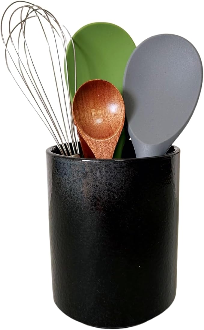Short Kitchen Utensil Holder for Kitchen Counter, Ceramic Small Utensil Crock & Vase & Holder for Cutlery Spatula Brush Silverware Cooking Utensil Holder (Matte Black)