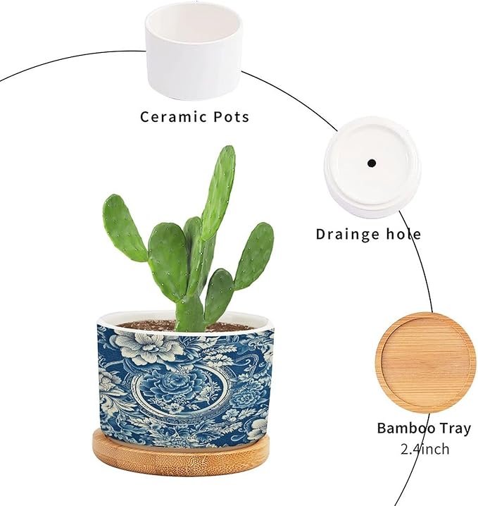 DreamAutumn Chinese Style Chinoiserie Blue and White Porcelain Floral Ceramic Pots for Plants with Drainage Holes Round Flower Pot Bamboo Tray Orchid Pot Succulents Pots for Outdoor Indoor Plants