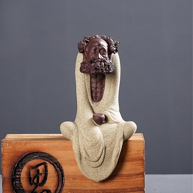 Handmade Purple Sand dysfunction Statue Meditation Ancestor Ceramic Sculpture Creative Tea pet Home Tea Room Tea Table Office Decoration Ornament (Beige)