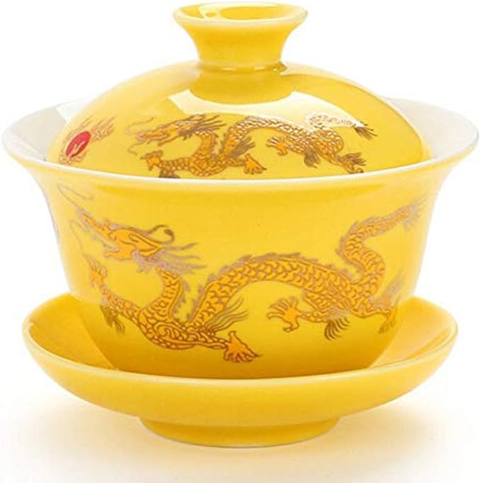 Porcelain Kung Fu Tea Cup and Saucer with Lid, Chinese Traditional Gaiwan Sancai Tea Bowl Tea Set Dragon Pattern (Yellow)